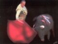 Un torero con traje de luces y capa roja enfrentándose a un toro negro en una plaza de toros.