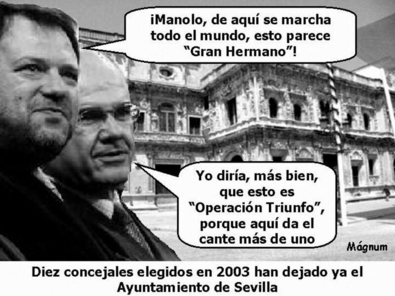 Dos hombres frente a un edificio con una bocadillo diciendo que se marcha todo el mundo y que es "Operación Triunfo".