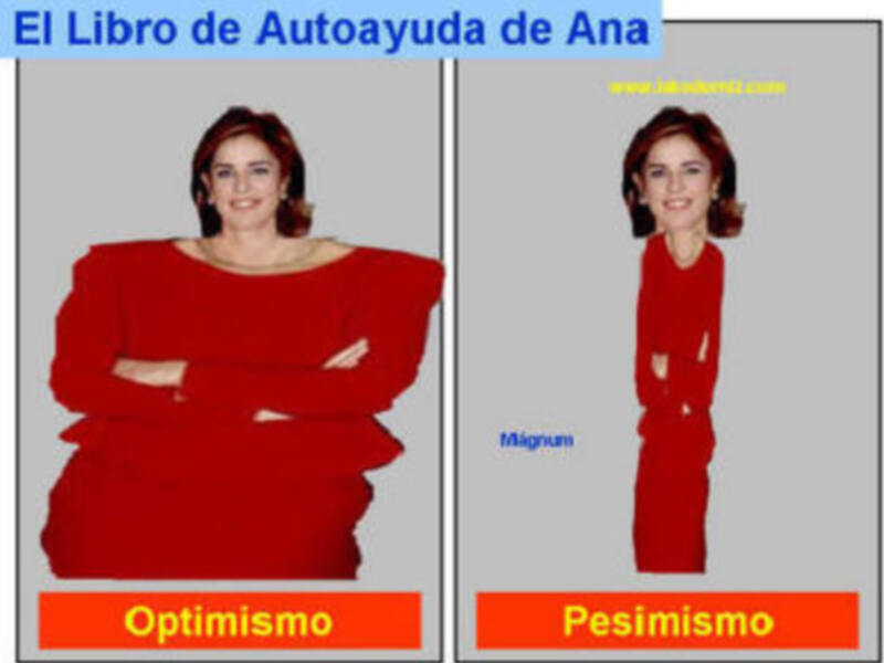 El libro "El Libro de Autoayuda de Ana" compara la actitud optimista con la pesimista, mostrando a una mujer en dos escenarios distintos.