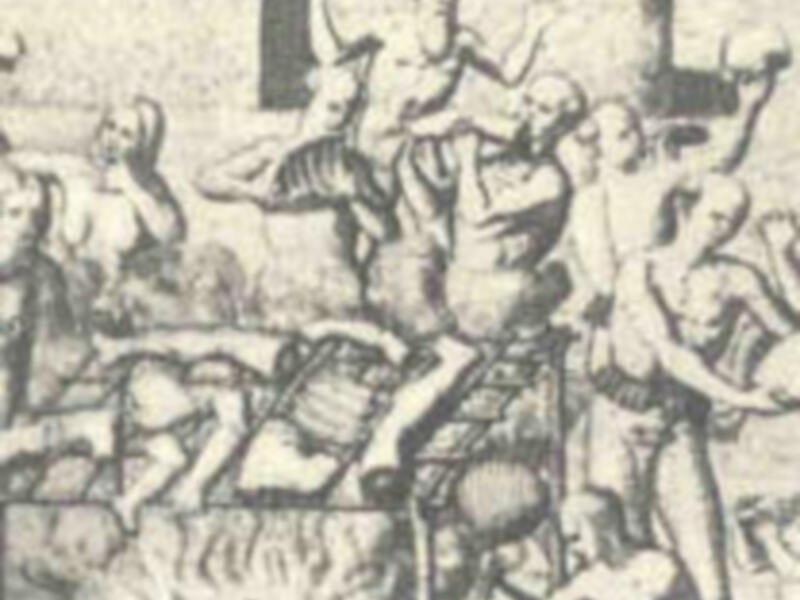 Un dibujo antiguo muestra a una persona en la muerte, con un cuchillo cerca de su cabeza. A su lado, otros dos individuos observan la escena. La imagen parece ser una representación de un acto violento o crimen.