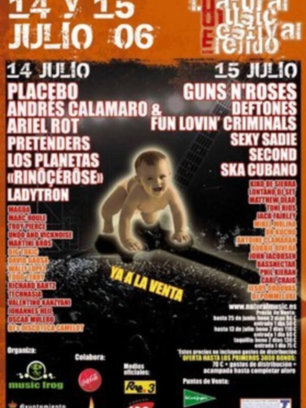Cartel del Festival Natural de Algeciras, 14 y 15 de julio de 2006, con artistas como Placebo, Guns N' Roses y Ladytron.