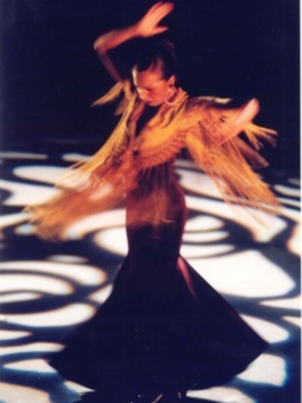 Danza flamenca con vestimenta tradicional y sombras de luz proyectadas en el suelo.