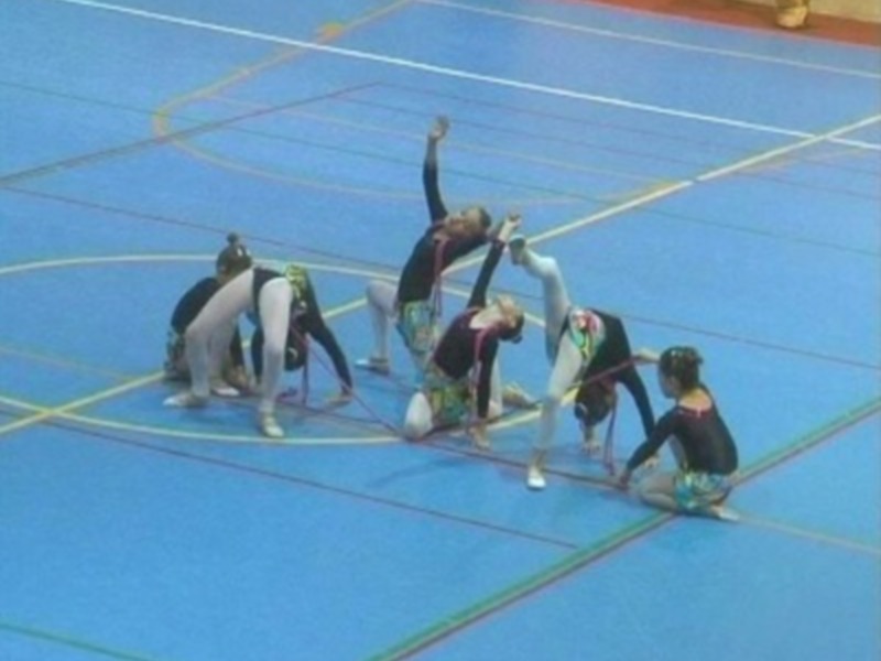Un grupo de gimnastas en acción, realizando una rutina de acrobacias en un gimnasio con piso azul.