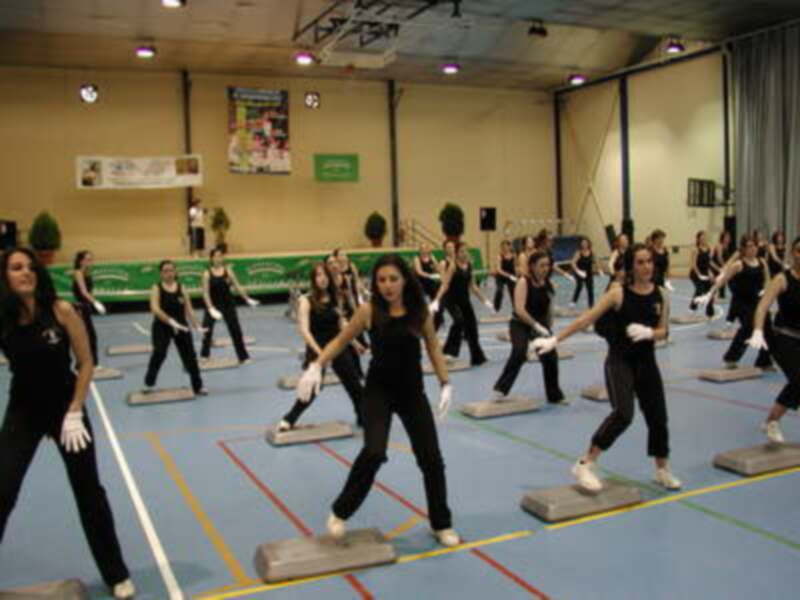 Una clase de gimnasia en una escuela, con estudiantes realizando ejercicios en el piso.
