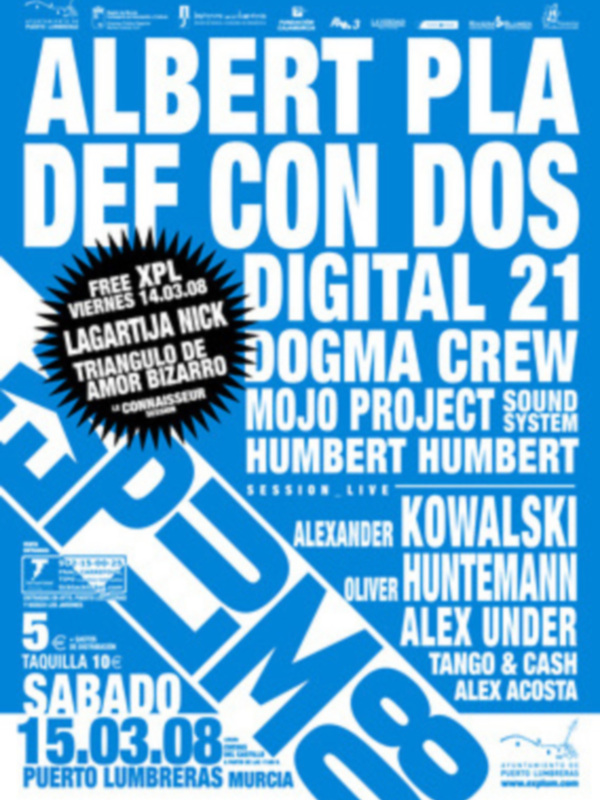 Cartel promocional de la banda Dogma Crew en Puerto Lumbreras, Murcia, con fechas y detalles de concierto.