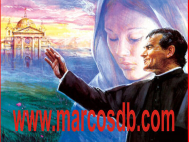 Una imagen religiosa con una figura humana en primer plano, un edificio histórico al fondo y un cielo colorido.