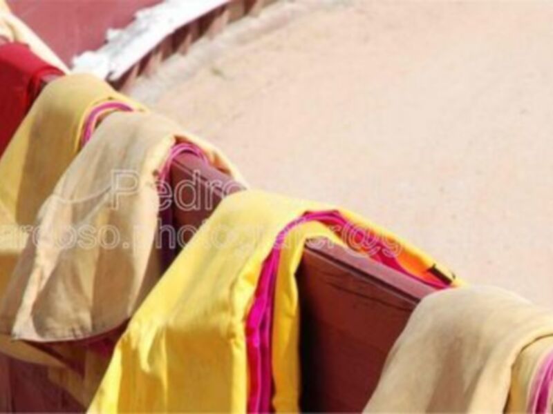 Imaginación de una silla de ruedas con un mantel amarillo y rojo en el asiento, en un entorno urbano con una valla roja y un camino de piedra.