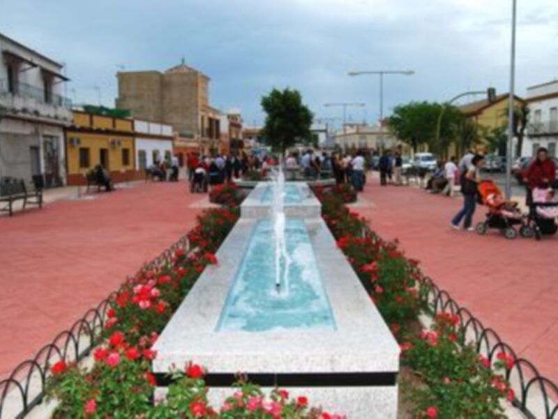 Plaza con fuente y flores en el centro, rodeada de edificios y personas caminando.