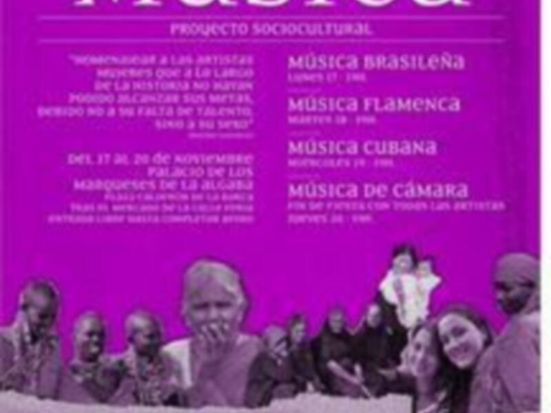 Una imagen informativa sobre 'Las Mujeres y la Música', un proyecto sociocultural que destaca la participación de mujeres en diferentes géneros musicales latinoamericanos.