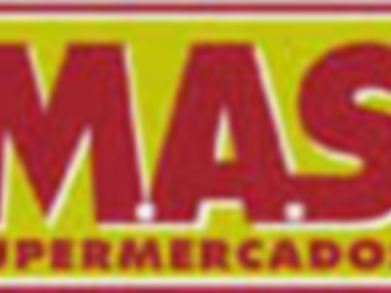Logotipo de MAS Supermercados, destacando su nombre en rojo y su marca en blanco sobre fondo rojo.