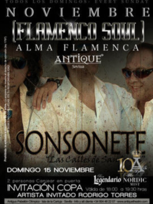 Cartel anunciando un evento de flamenco en Sevilla, el 15 de noviembre, con la actuación de Sonsononete y Rodrigo Torres.