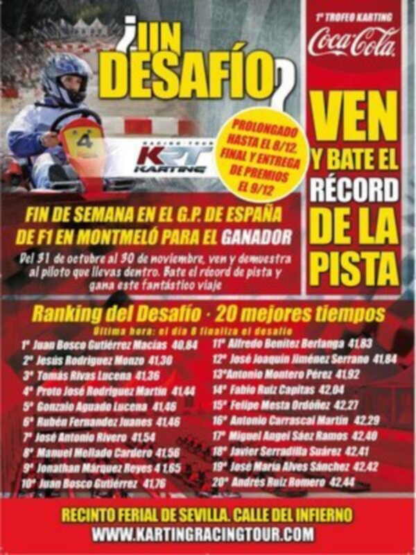 ¡Un Desafío! Prolongado hasta el 8/12. ¡Ven y bate el récord de la pista! Fin de semana en el G.P. de España. F1 en Montmeló para el ganador. Ranking del Desafío: 20 mejores tiempos.