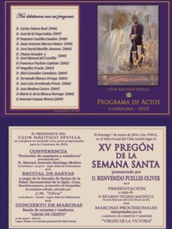 Programa de Actos Semana Santa Cuaresma 2010, incluyendo conferencia, recital de sartén, concierto de marchas y más eventos religiosos en Sevilla.
