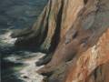 Acuarela de acantilados costeros con olas rompiendo en la base, capturando la interacción entre la tierra y el mar.