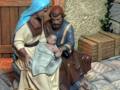 Representación de la Sagrada Familia en una escena de nacimiento, con la Virgen María, José y el Niño Jesús.