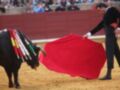 Un torero sostiene un capote rojo frente a un toro durante una corrida de toros.