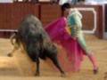 Un torero en traje de luces y capa rosa lucha con un toro en una plaza de toros.