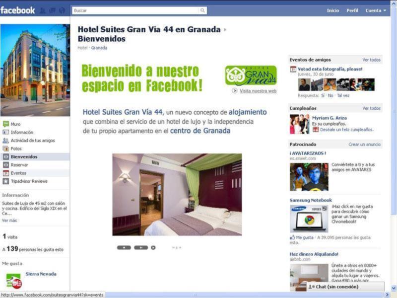 Página de Facebook del Hotel Suites Gran Via 44 en Granada, promocionando su nuevo concepto de alojamiento de lujo en el centro de la ciudad.