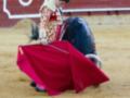 Un torero en el ring, con un traje tradicional de color rojo y blanco, ejecutando una maniobra en el aire con un capote.