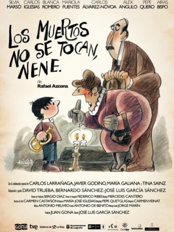 Cartel del cortometraje animado 'Los Muertos No Se Tocan, Nene', dirigido por Rafael Azcona, con personajes humorísticos y una lista de colaboradores y patrocinadores.
