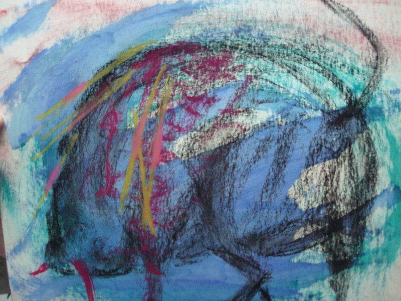 Dibujo abstracto con colores brillantes y formas onduladas.