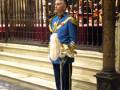 Un guardia real en uniforme azul y dorado, con un bastón de mando, posa frente a una escalera decorada con bancas rojas. La escena se desarrolla en un entorno histórico, posiblemente dentro de un palacio real.
