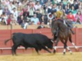 Un toro negro y un caballo rojo en una corrida de toros, con espectadores observando desde la grada.