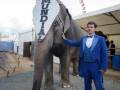 Elefante con sombrero y hombre en traje azul junto a un parque de atracciones.