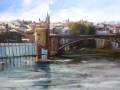 Puente en el río Guadalquivir, Sevilla. Imagen pintada que muestra la arquitectura de la ciudad con un puente en primer plano.