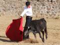 Un torero con un chaleco blanco y pantalones negros lucha contra un toro negro en una plaza de toros, con una muleta roja. La escena se desarrolla en un entorno de arena y paredes de piedra.