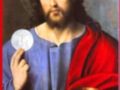 Representación de Jesús con un cáliz y un pan, símbolos del Eucaristía.