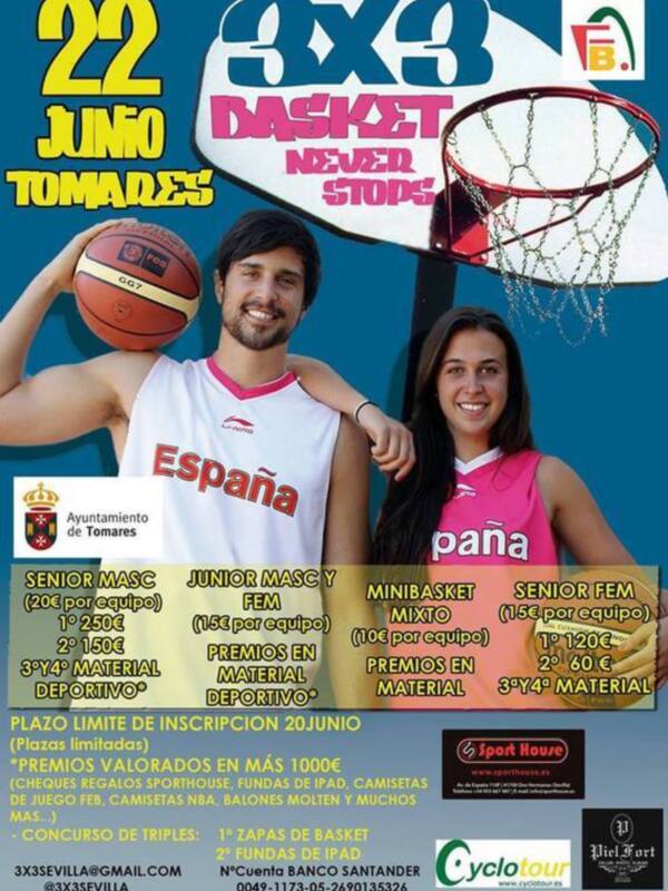 Afiche promocional del torneo de baloncesto 3x3, con detalles de categorías, precios y premios.