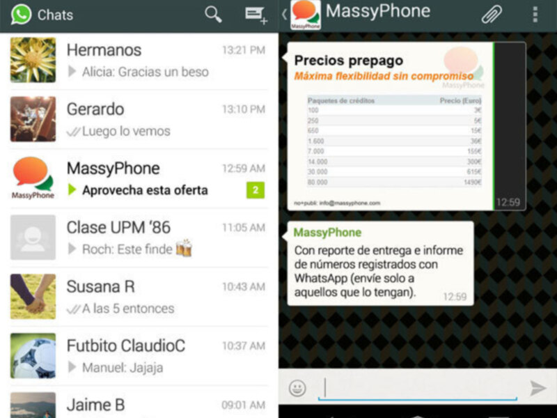 Pantalla de WhatsApp con conversaciones y oferta de precios prepago de MassyPhone.