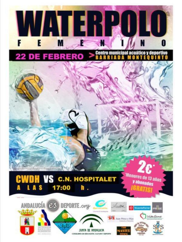 Cartel anunciando un partido de waterpolo entre CWDH y C.N. Hospitallet en el Centro Municipal Acuático y Deportivo de Montequinto el 22 de febrero a las 17:00 horas.
