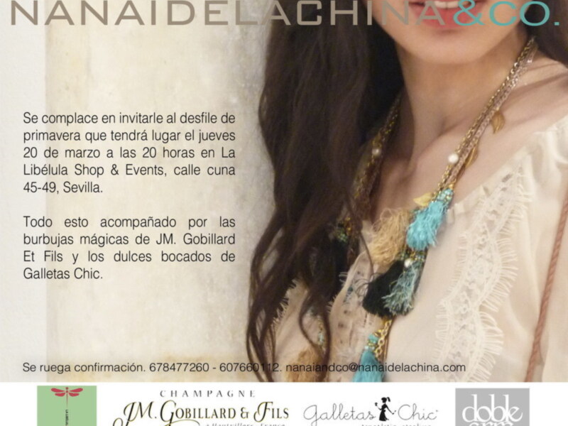 Invitación al desfile de primavera en La Libélula Shop & Events, Sevilla. Detalles: 20 de marzo a las 20 horas en La Libélula Shop & Events, calle cuna 45-49. Asistir acompañado por burbujas mágicas de J.M. Gobillard Et Fils y dulces bocados de Galletas Chic.