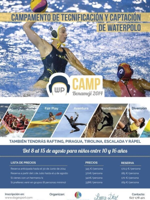 Campamento de tecnificación y captación de waterpolo en Benaméjí 2014, con actividades como rafting, piragüa y escalada. Inscripciones abiertas para niños entre 10 y 16 años del 8 al 15 de agosto.