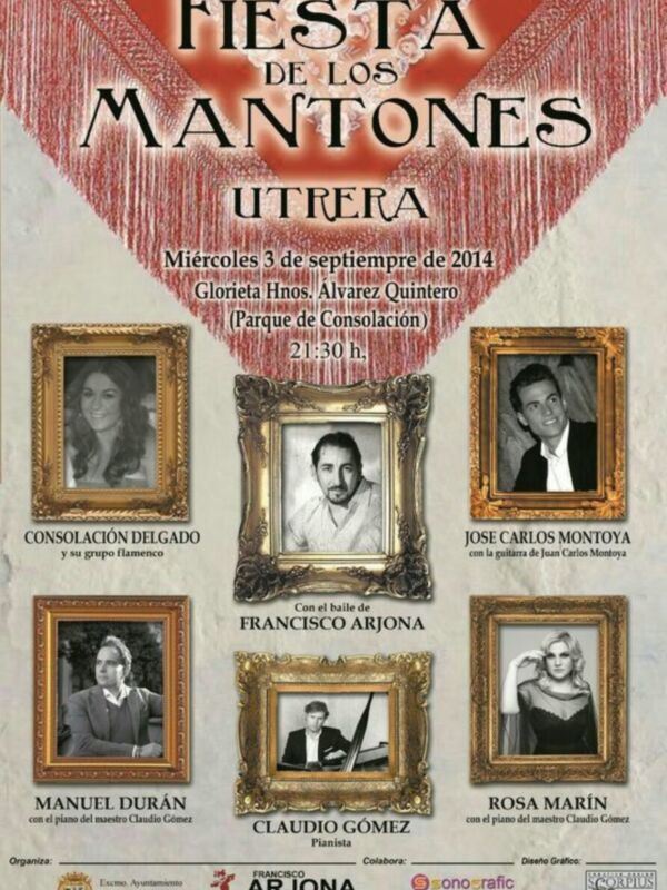 Fiesta de los Mantones en Utrera, 3 de septiembre de 2014. Concierto en el Parque de la Consolación a las 21:30 h. Con José Carlos Montoya, Francisco Arjona, Manuel Durán y Rosa Marín. Organizada por Utrera Arjona.