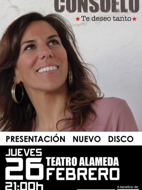 Cartel anunciando la presentación del nuevo disco 'Consuelo' en el Teatro Alameda de Sevilla el jueves 26 de febrero a las 21:00h.