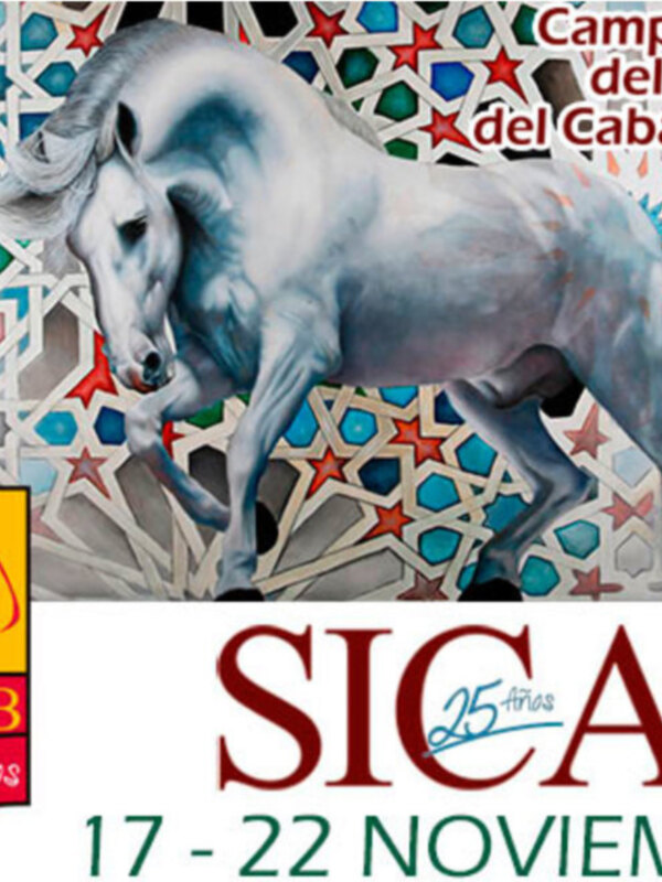 Cartel anunciando el Campeonato del Mundo del Caballo PRE, celebrado del 17 al 22 de noviembre por SICABAB, conmemorando 25 años.