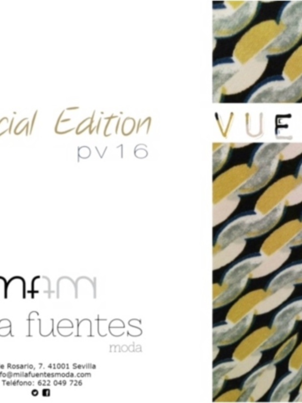 Un diseño de tarjeta de visita con el texto "Special Edition" en la parte superior y "Vuela" en la parte inferior. La tarjeta contiene información sobre una empresa llamada MfTm Mila Fuentes Moda, con su dirección en la calle Rosario 7, Sevilla. El diseño incluye un patrón geométrico en los bordes de la tarjeta, con tonos de gris, amarillo y blanco.