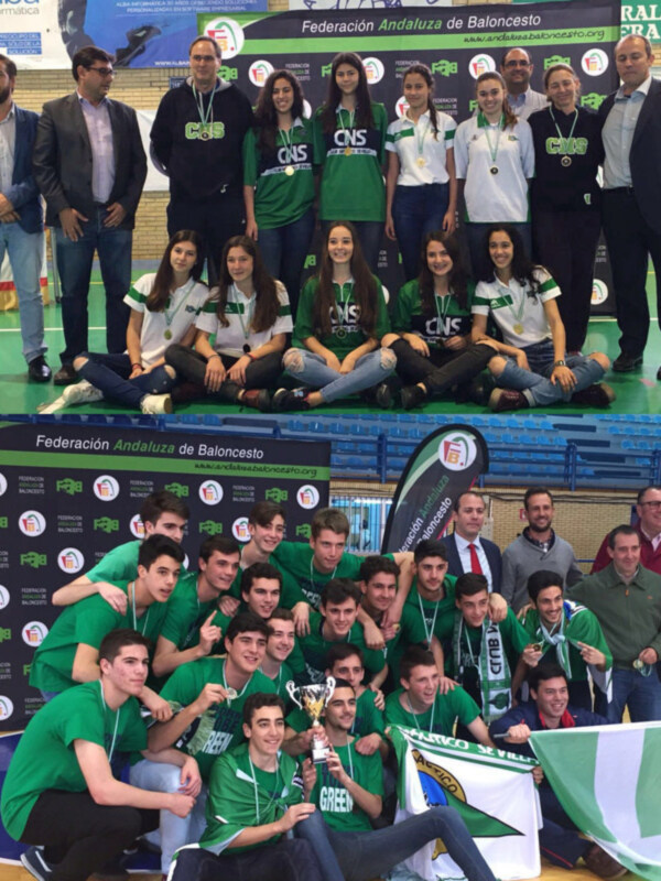 Equipo de baloncesto celebrando con trofeo y medallas en el Palacio de Deportes de Sevilla.