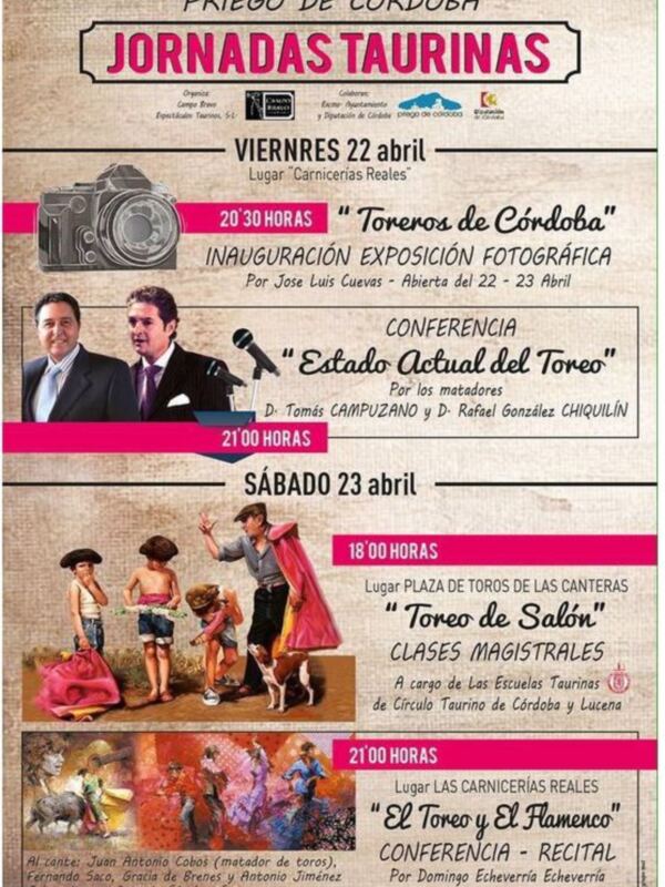 Jornadas Taurinas en Priego de Córdoba. Eventos el 22 y 23 de abril: conferencias, exposiciones y recitales flamencos.