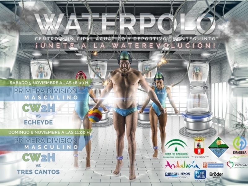 Afiche de waterpolo masculino en el Centro Municipal Acuático y Deportivo Montequinto, con partidos el sábado 5 y domingo 6 de noviembre.