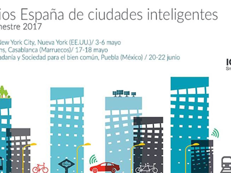 Infografía sobre espacios inteligentes en ciudades de España y el mundo, destacando eventos en 2017.