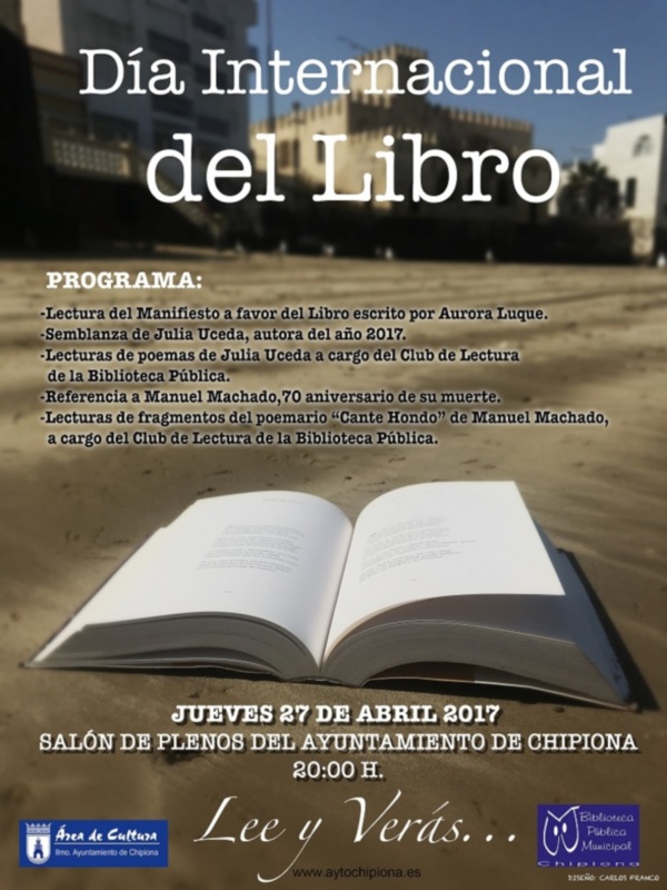 Celebración del Día Internacional del Libro en Chipiona, evento el 27 de abril de 2017 en el Salón de Plenos del Ayuntamiento.