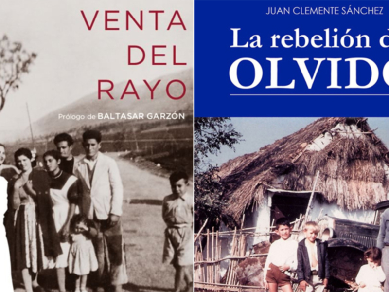 Portadas de libros históricos: 'Venta del Rayo' y 'La rebelión del Olvido', con imágenes de familias en el campo.