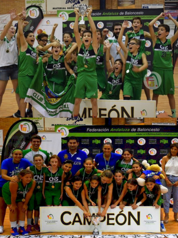 Equipo de baloncesto celebrando su victoria en el Campeonato Andaluz de Baloncesto, con trofeo y bandera.