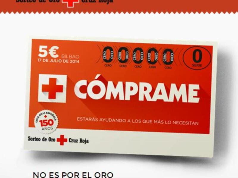 Sorteo de Oro de Cruz Roja con un cupón rojo y blanco con el logo de Cruz Roja y el texto 'CÓMPRAME' en el centro.