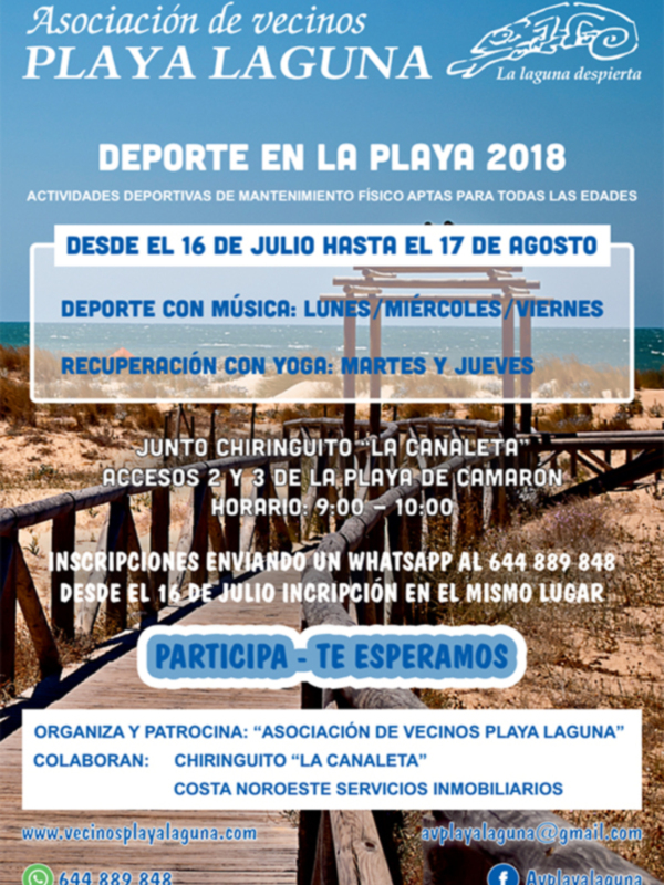Actividades deportivas y de recuperación en Playa Laguna, con yoga y música, del 16 de julio al 17 de agosto. Inscríbete al 644 889 848.