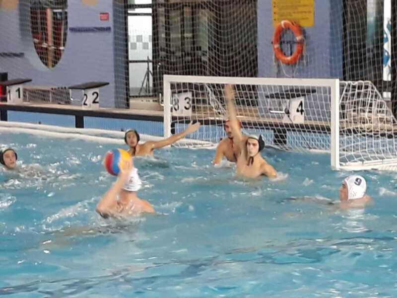 Jugadores de waterpolo compiten por el balón en un partido en piscina.